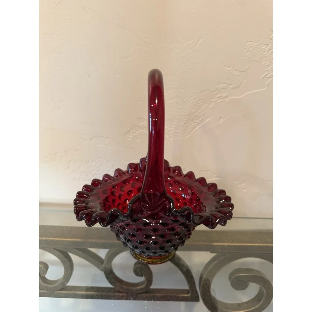 Fenton Ruby Red Amberina Hobnail Glass Basket Ruffled Vintage 7